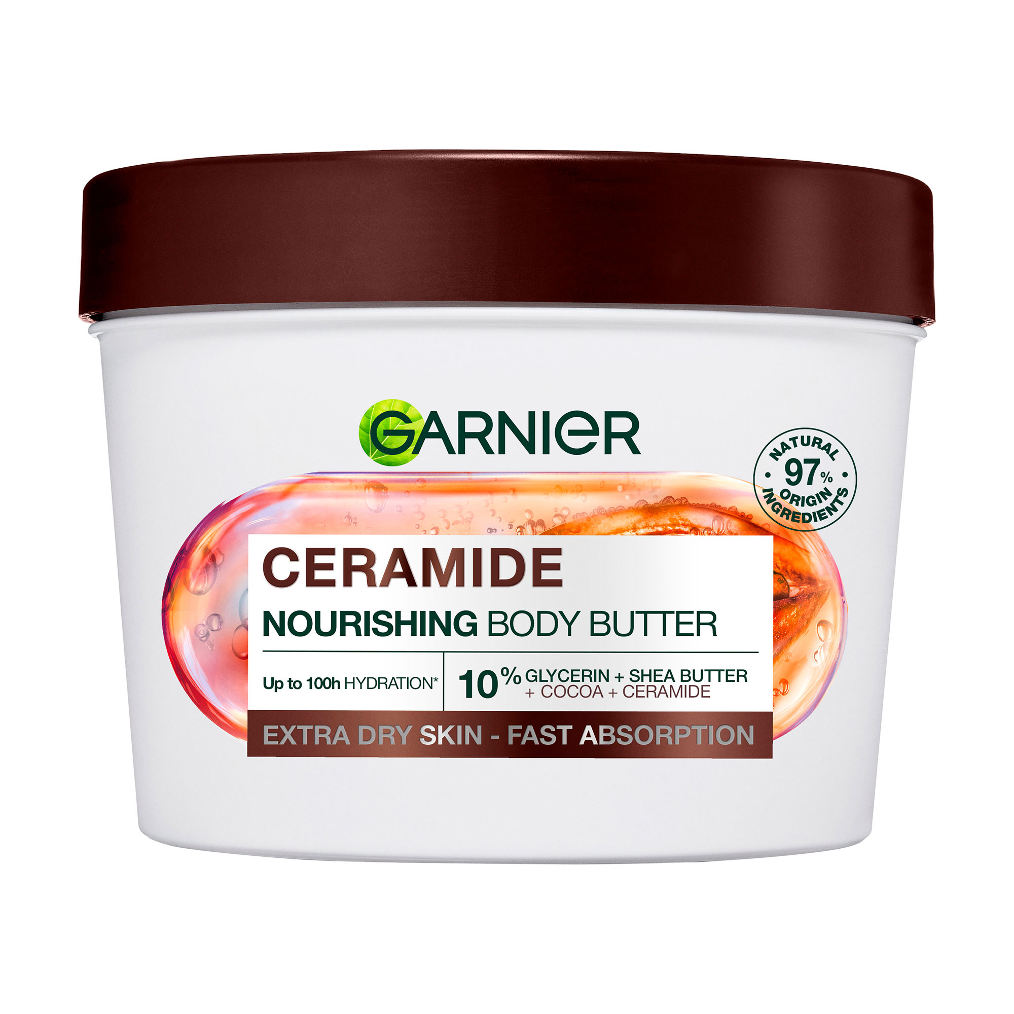 Живильний крем-баттер для тіла, рук та ніг GARNIER Ceramide Nourishing Body Butter з церамідами та какао, для дуже сухої шкіри тіла, 380 мл